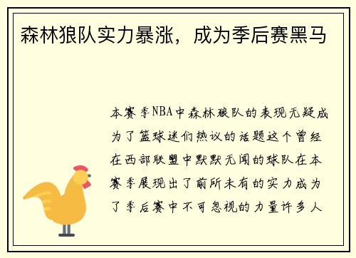 森林狼队实力暴涨，成为季后赛黑马